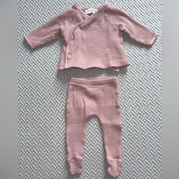ZARA Waffle Knit Top & Footed Pants Matching Set- Pink Pastel/ Size 1-3M - Picture 1 of 6
